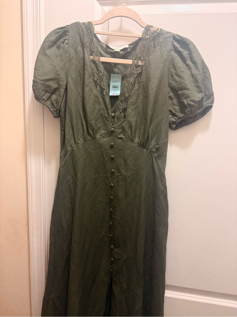 LOFT Olive Lace-Trim Button-Front Midi Dress